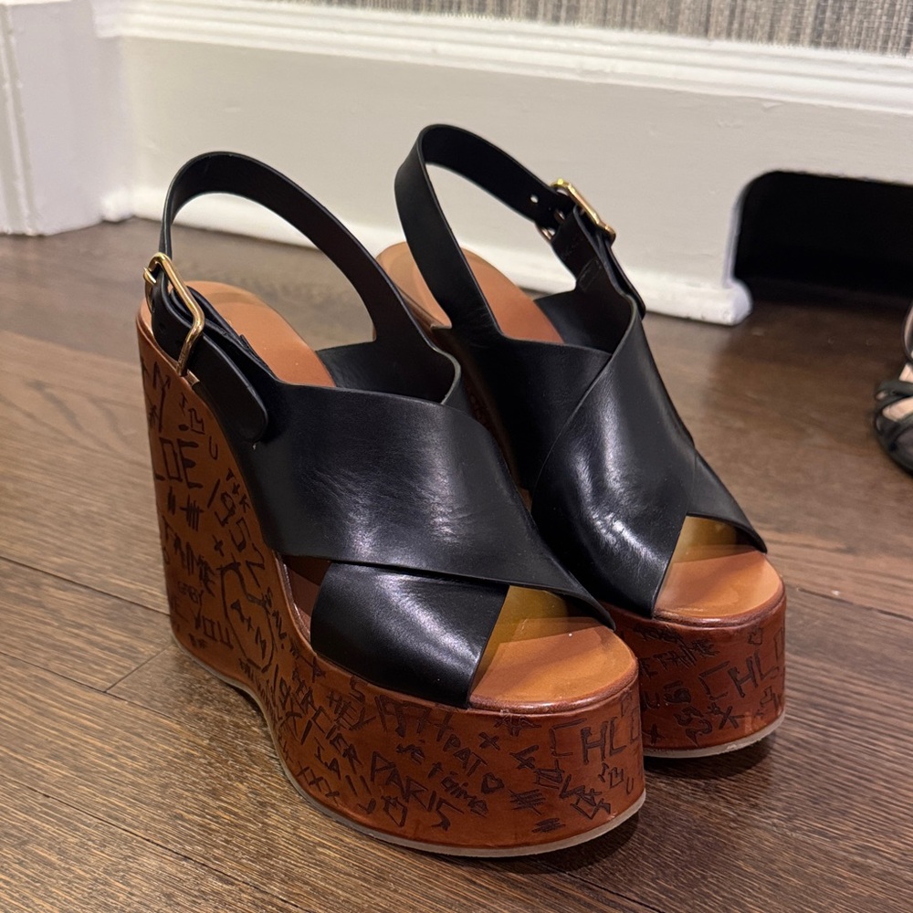 Chloe Black Leather Wedge Sandals